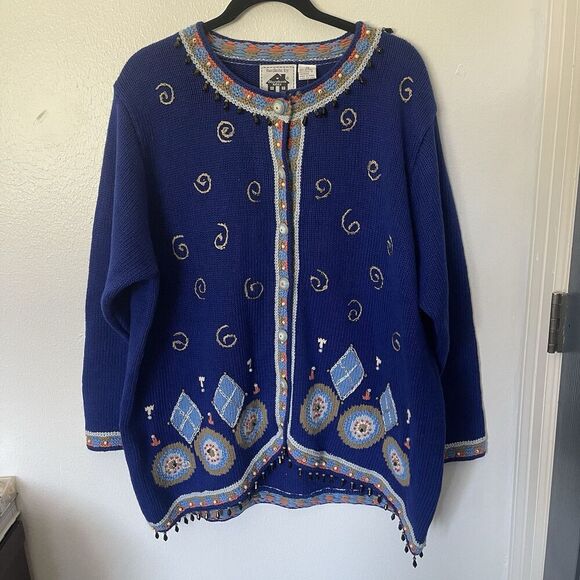 Storybook Knits HSN Cardigan Blue Geometric Embroidered Beaded Sweater Sz 2X NEW - Picture 1 of 11